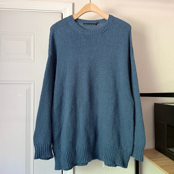 JENNI KAYNE blue cotton oversized open crochet knit crew pullover sweater